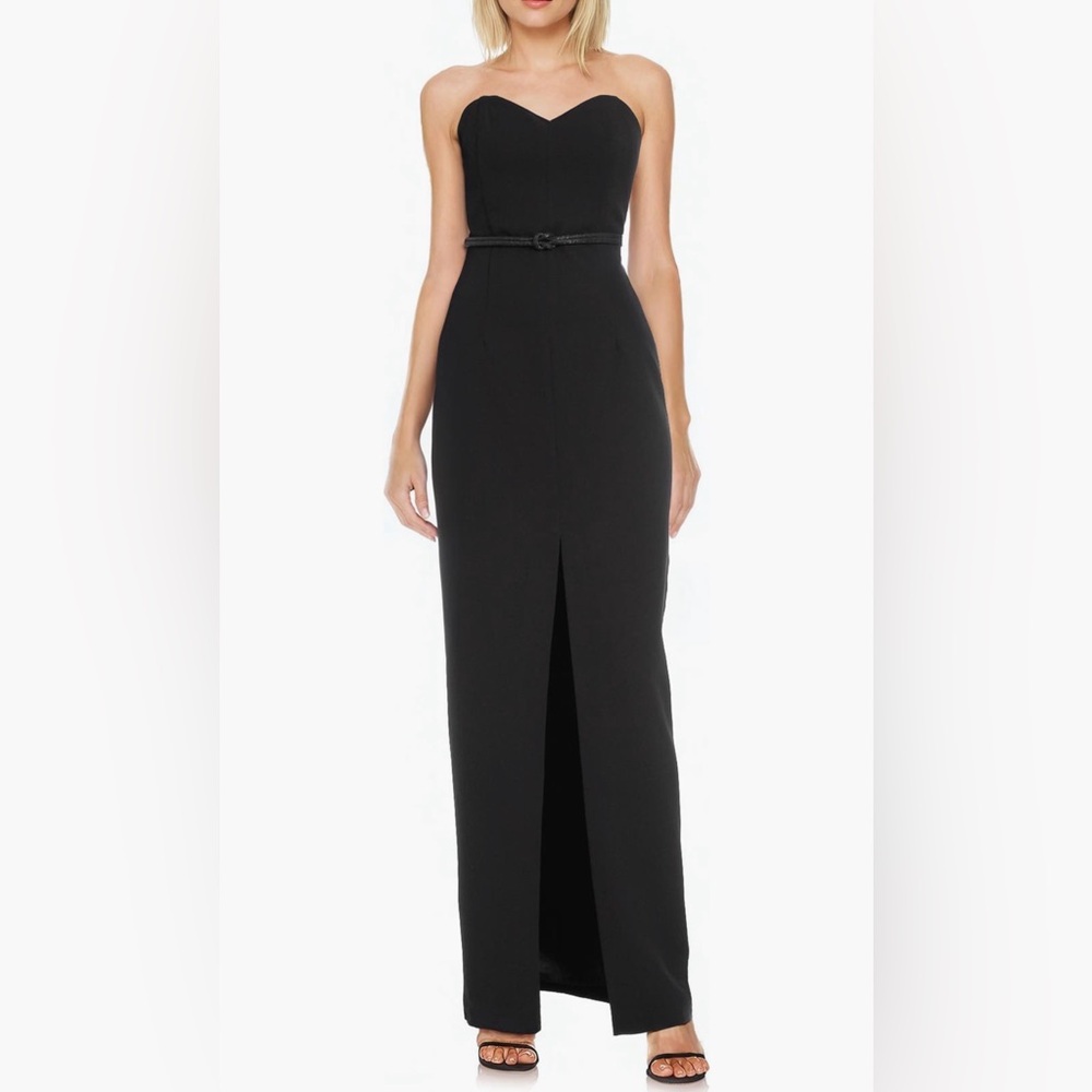 Badgley Mischka Black Strapless Column Gown with Knotted Belt NWOT Size 14